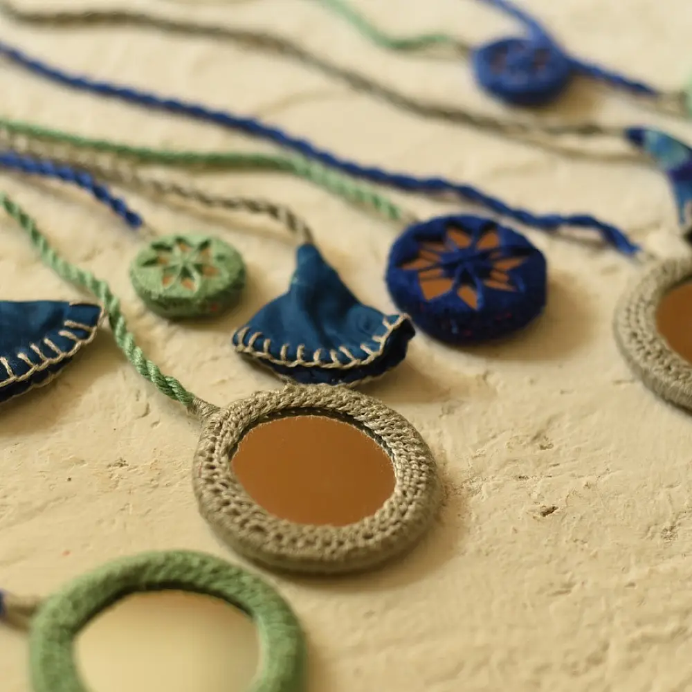 Handmade Embroidered Necklace  Blue & Green threads