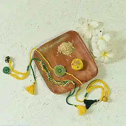 Handmade Rakhi | Yellow Green Bhai-Bhabhi Rrakhi Set