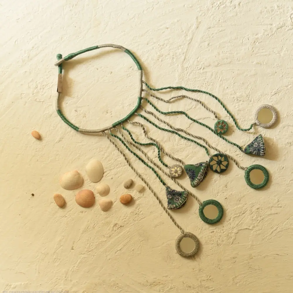 Banjara Handmade Thread & Mirror Necklace in Green & Grey