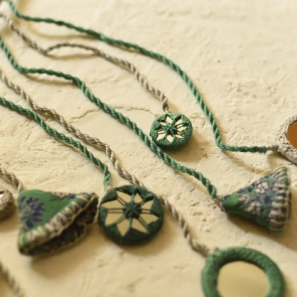 Banjara Handmade Thread & Mirror Necklace in Green & Grey