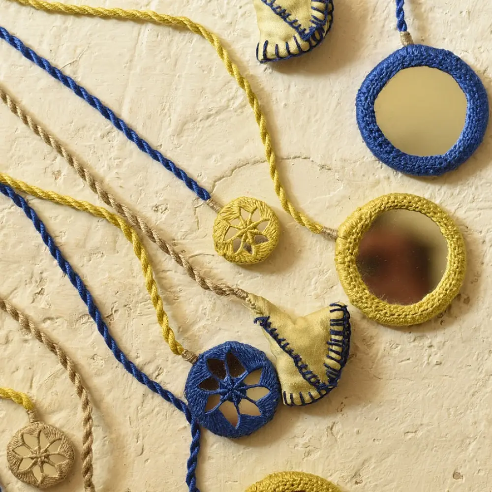 Buy Banjara Hand Embroidered Necklace with Mirror  Yellow & Blue