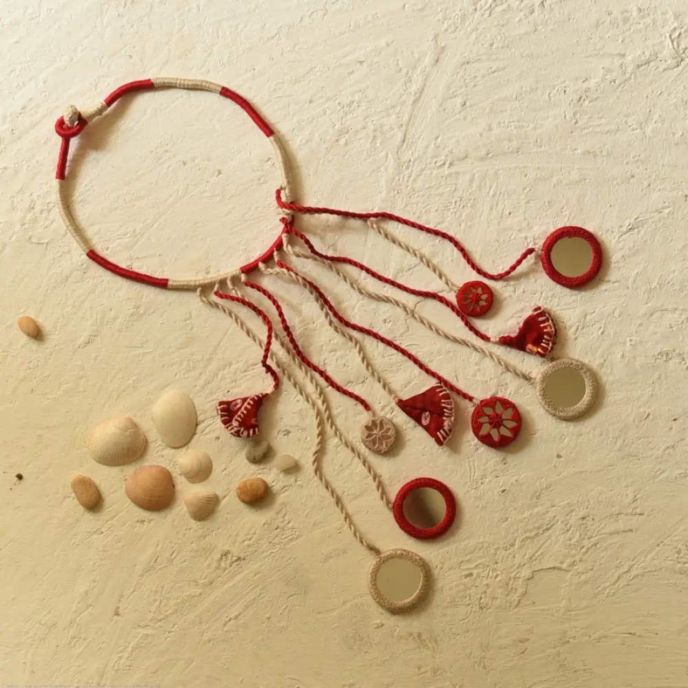 Mirror hand Embroidered Necklace in Red 