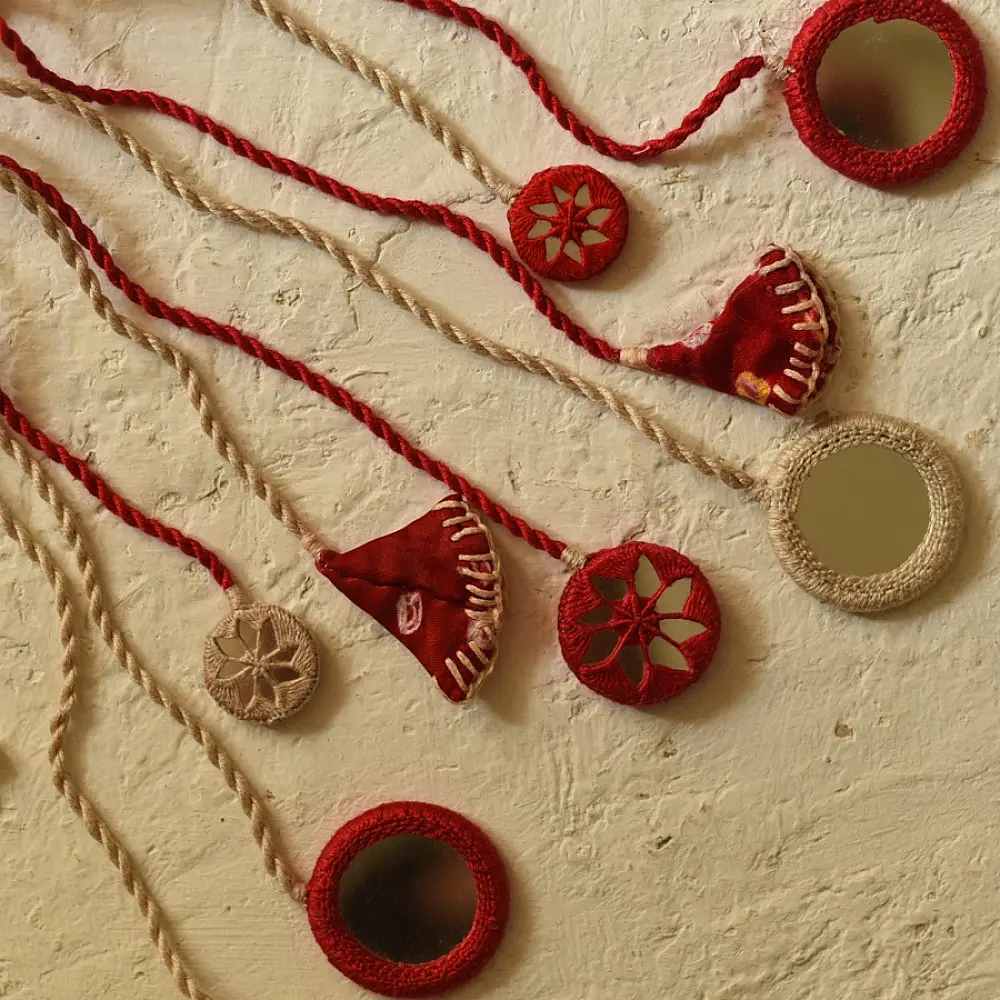 Mirror hand Embroidered Necklace in Red 