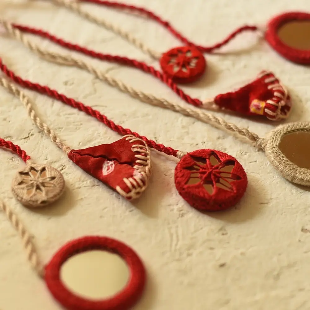 Mirror hand Embroidered Necklace in Red 