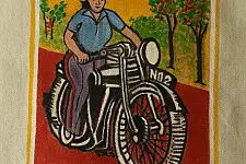 Carnival on Canvas | Matchbox Label Painted on Canvas Bag - Lady & Bike