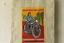 Carnival on Canvas | Matchbox Label Painted on Canvas Bag - Lady & Bike