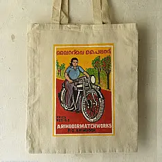 Carnival on Canvas | Matchbox Label Painted on Canvas Bag - Lady & Bike