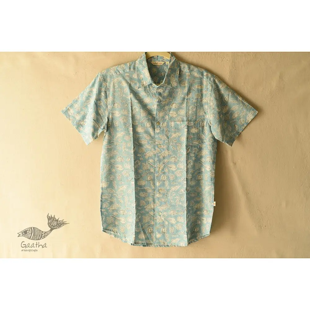 shop  Sanganeri Block Print - Cotton Half Sleeve Shirt - Sky Blue