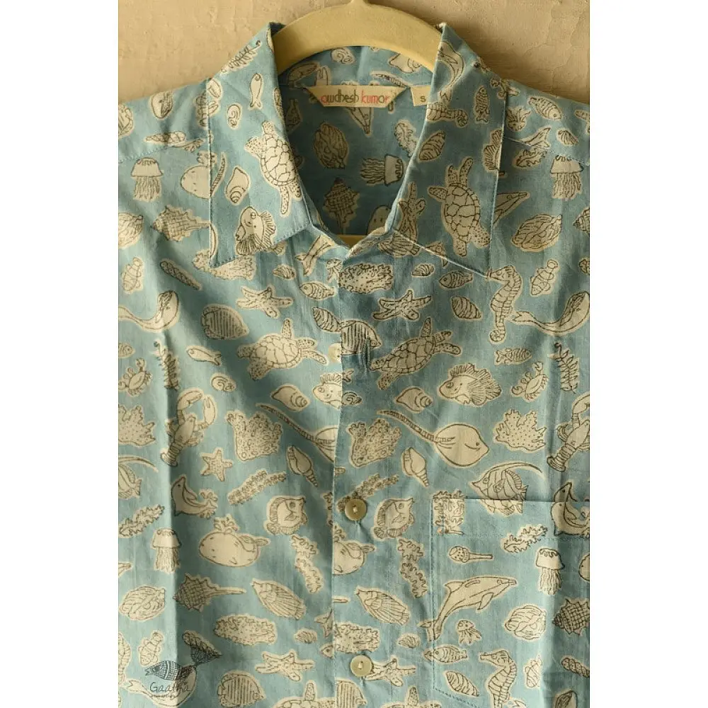 shop  Sanganeri Block Print - Cotton Half Sleeve Shirt - Sky Blue