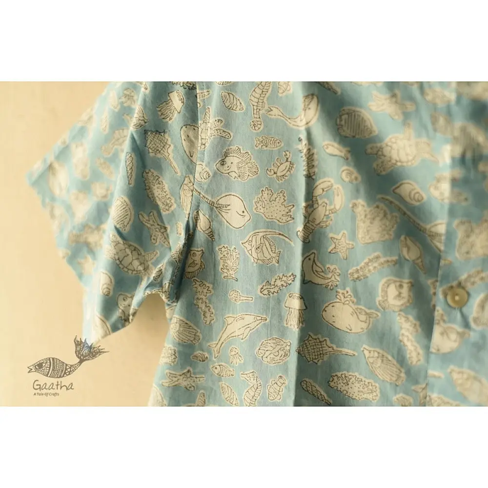 shop  Sanganeri Block Print - Cotton Half Sleeve Shirt - Sky Blue