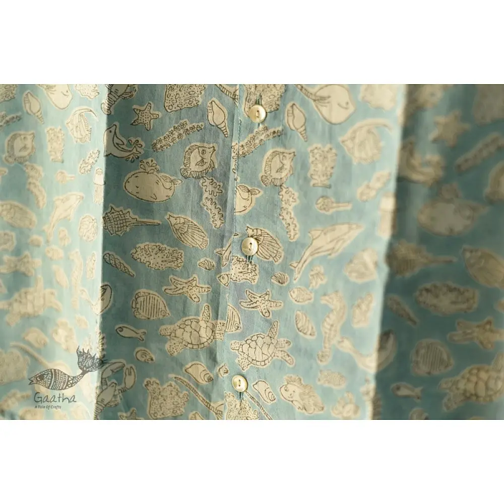 shop  Sanganeri Block Print - Cotton Half Sleeve Shirt - Sky Blue