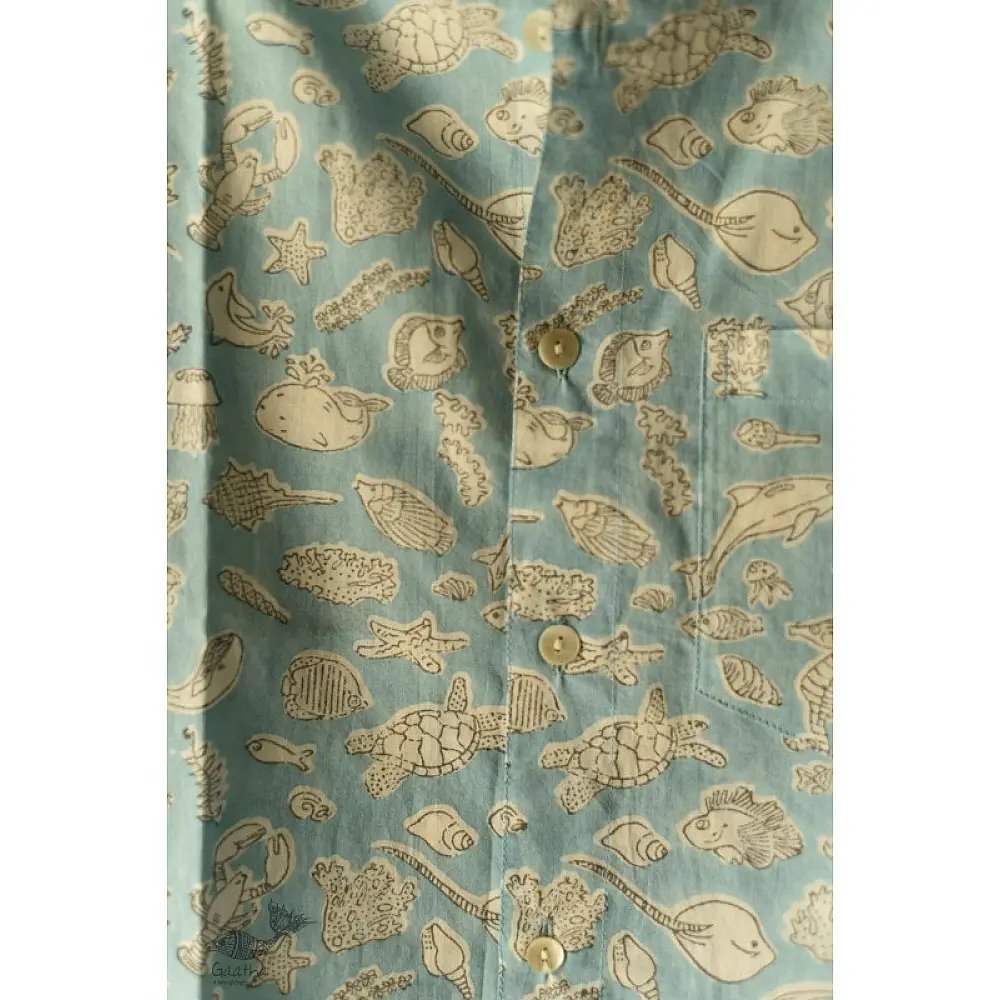 shop  Sanganeri Block Print - Cotton Half Sleeve Shirt - Sky Blue