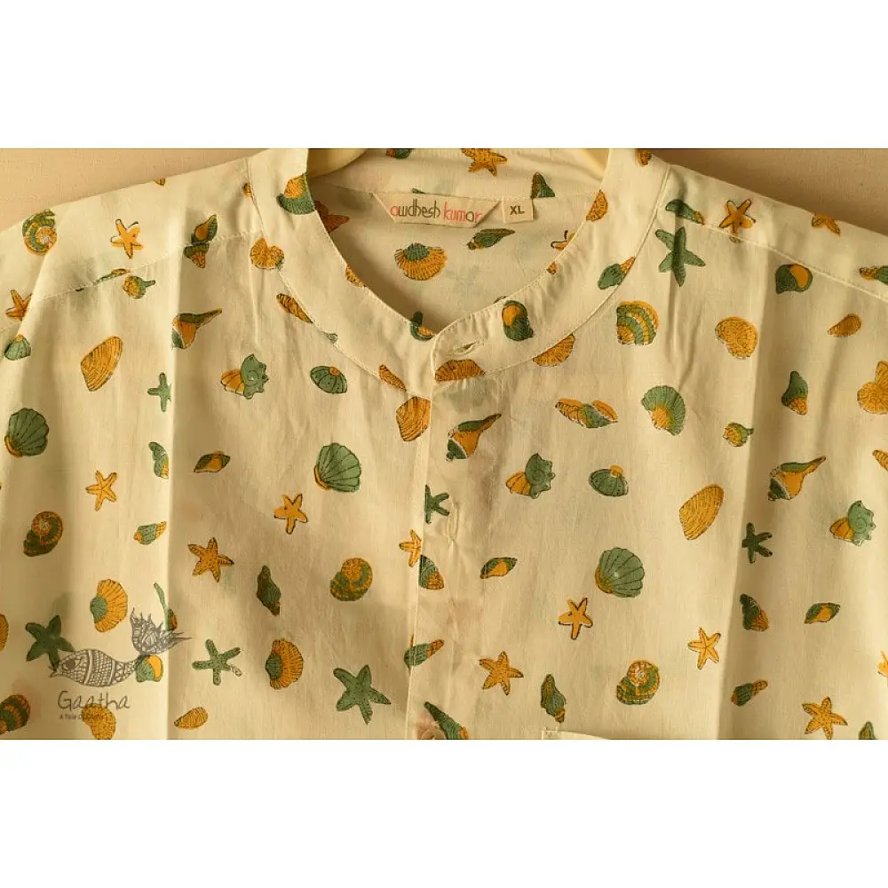 shop Sanganeri printed Cotton Full Sleeve Shirt - Off White