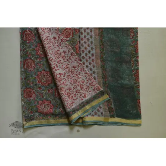 shop Sanganeri Block Prints - Kota Cotton Saree  with Zari Border