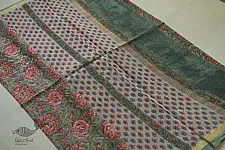Kumudini . कुमुदिनी | Sanganeri Block Prints - Kota Cotton Saree  with Zari Border - Pink Roses