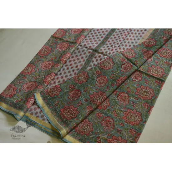 shop Sanganeri Block Prints - Kota Cotton Saree  with Zari Border