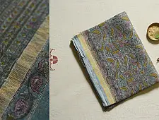 Kumudini . कुमुदिनी | Sanganeri Block Prints - Kota Cotton Saree  with Zari Border - Greenish Grey Color