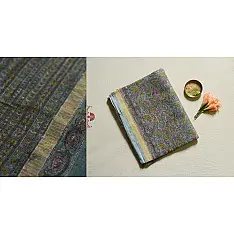 Kumudini . कुमुदिनी | Sanganeri Block Prints - Kota Cotton Saree  with Zari Border - Greenish Grey Color