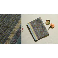 Kumudini . कुमुदिनी | Sanganeri Block Prints - Kota Cotton Saree  with Zari Border - Greenish Grey Color