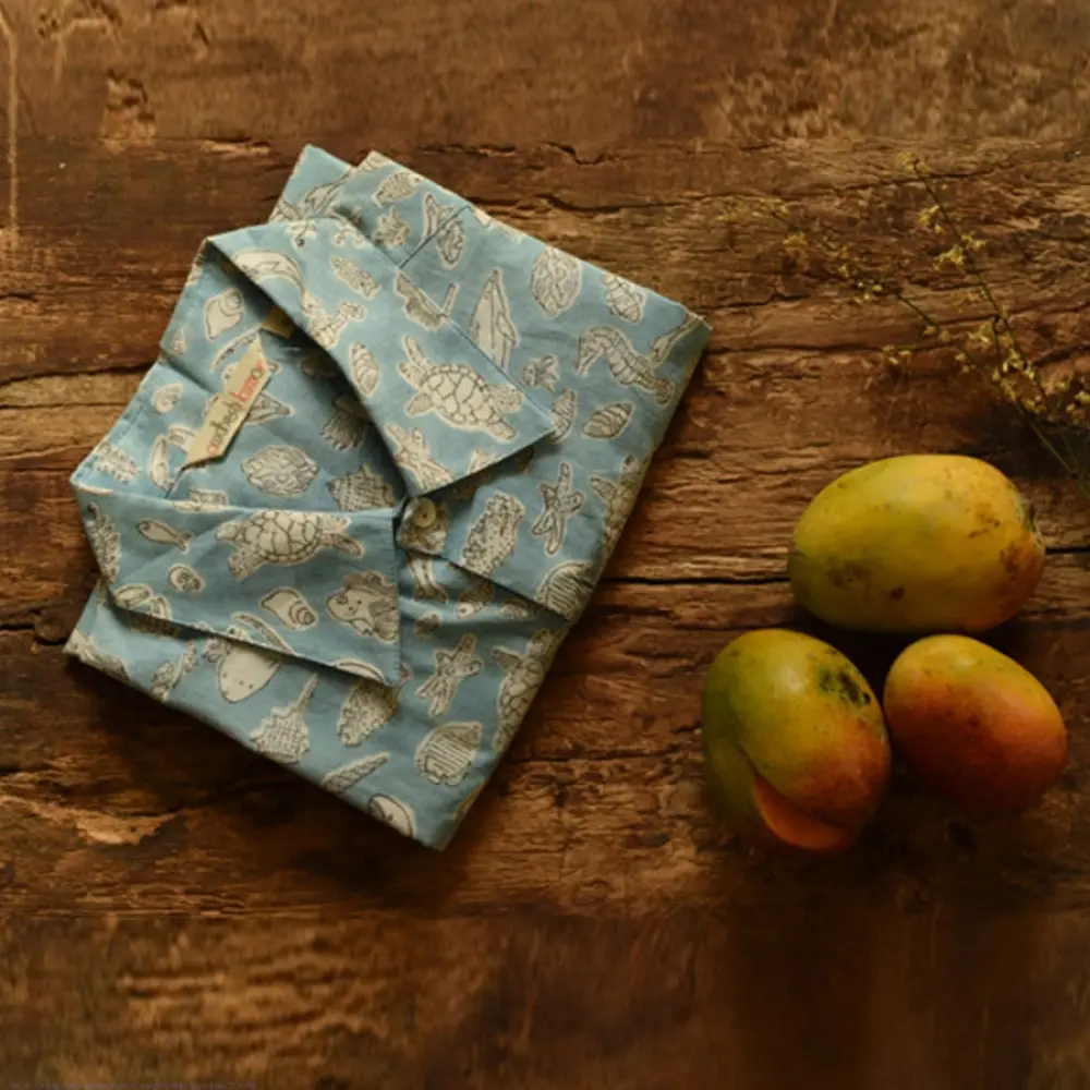 shop  Sanganeri Block Print - Cotton Half Sleeve Shirt - Sky Blue