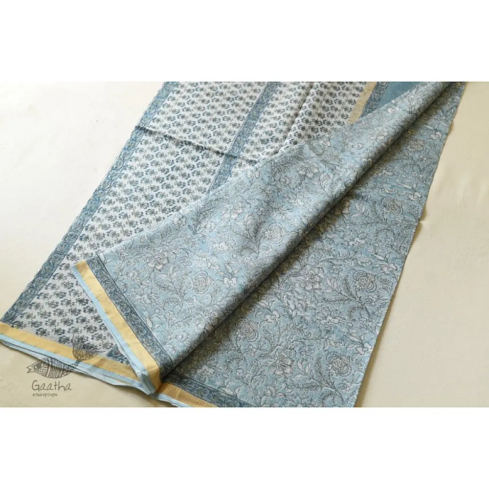 shop Kota Cotton Saree With Zari Border - Sanganeri Flower Prints