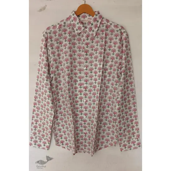 shop Sanganeri Block Printed - Cotton Full Sleeve Shirt - Pink Flowers