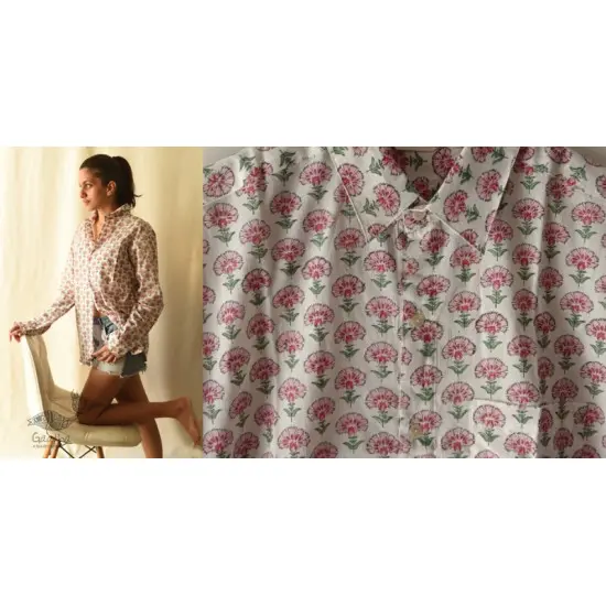 shop Sanganeri Block Printed - Cotton Full Sleeve Shirt - Pink Flowers