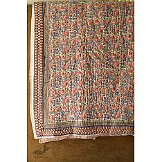 Thaat Baat ~ Jaipuri Razai / Quilt - Sanganeri Block Printed for Double Bed - Lotus Motif