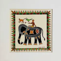 Tribal Art Painting - Elephant Ride ( Two Options of Mount White/Black )