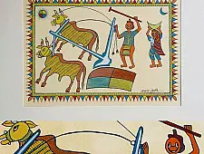 Tribal Art Painting - A farmer driving a plough ( Two Options of Mount White/Black)