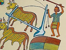 Tribal Art Painting - A farmer driving a plough ( Two Options of Mount White/Black)