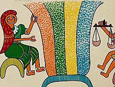 Tribal Art Painting - Harvest Traditions - Trading Grains in the Village ( Two Options of Mount White/Black)