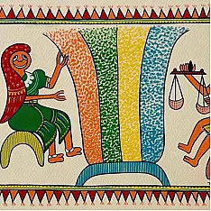 Tribal Art Painting - Harvest Traditions - Trading Grains in the Village ( Two Options of Mount White/Black)