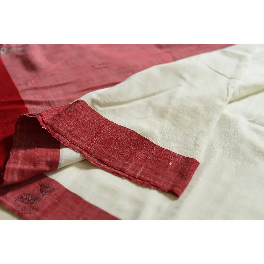 shop cotton handloom  saree - Off White & Red