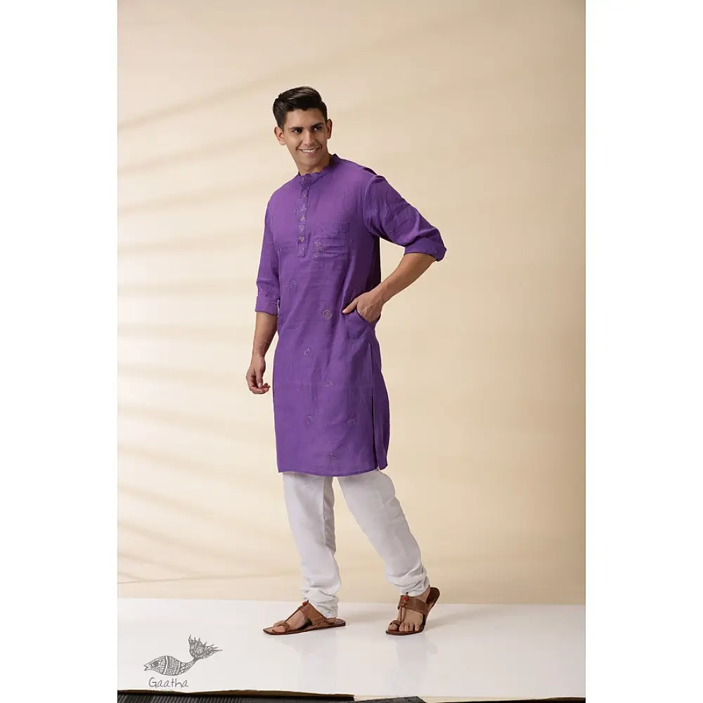shop Handwoven Cotton - Purple Men Kantha Work Long Kurta With Jacket (Set of Two)