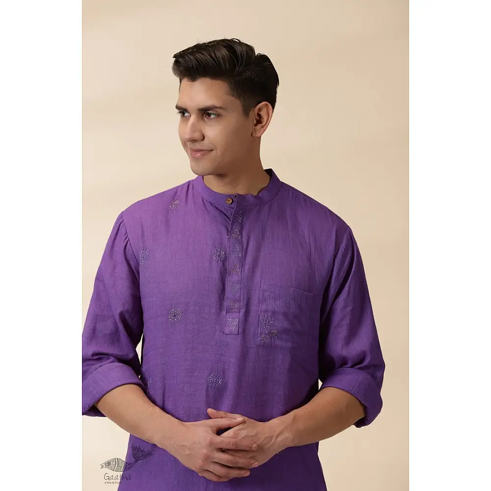 shop Handwoven Cotton - Purple Men Kantha Work Long Kurta With Jacket (Set of Two)