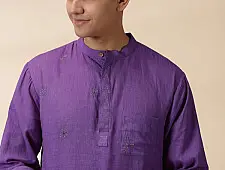 Ekansh . एकांश | Handwoven Cotton - Purple Men Kantha Work Long Kurta With Jacket (Set of Two)