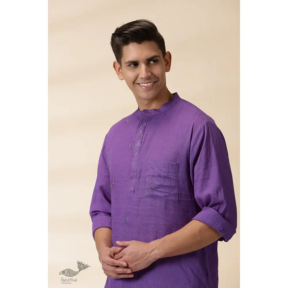 shop Handwoven Cotton - Purple Men Kantha Work Long Kurta With Jacket (Set of Two)