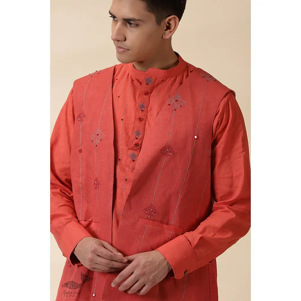 shop Handwoven Cotton - Orange Men's Yoke Kurta With Jacket (Set of Two)