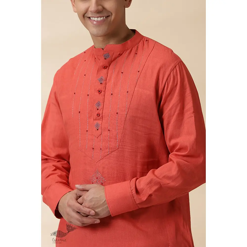 shop Handwoven Cotton - Orange Men's Yoke Kurta With Jacket (Set of Two)
