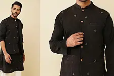 Ekansh . एकांश | Handloom Cotton - Men's Black Kurta with Jacket (Set of 2) 