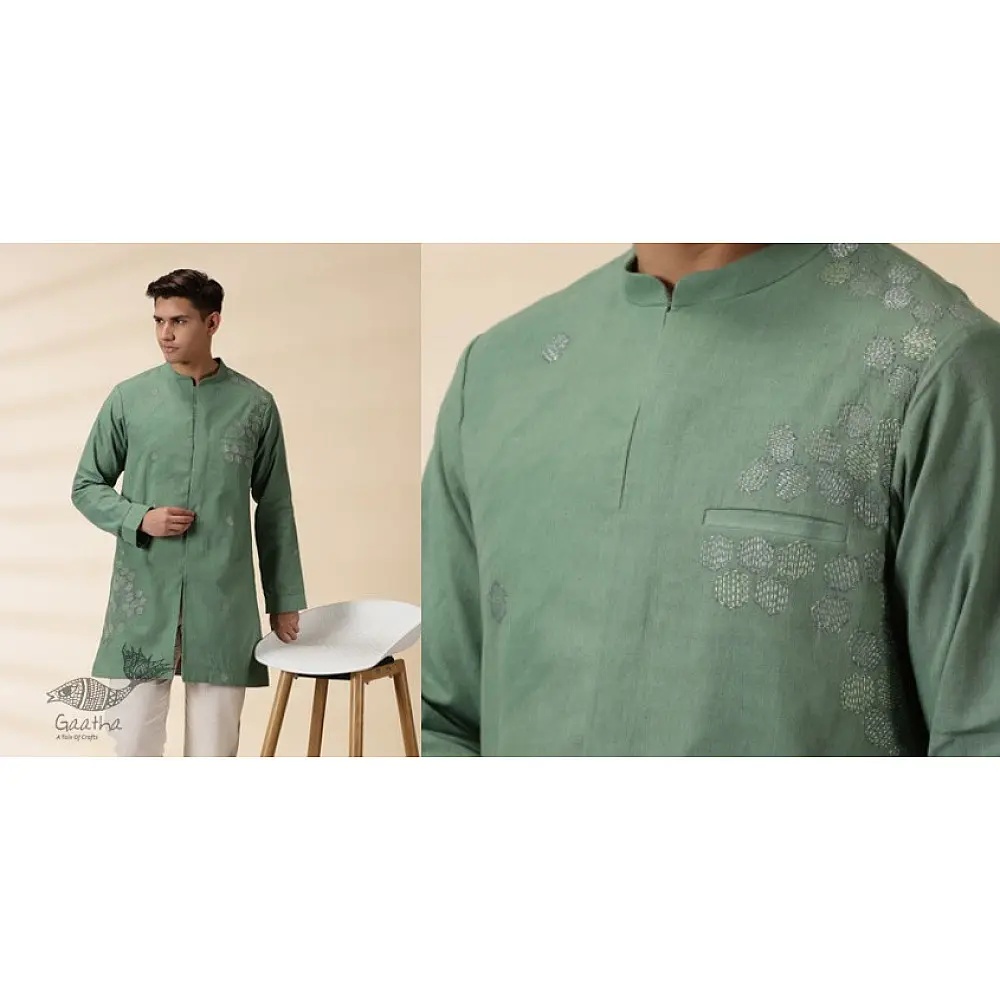 shop Handwoven Cotton - Green Jacket Style Men Long Kurta 