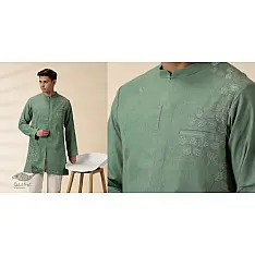 Ekansh . एकांश | Handwoven Cotton - Green Jacket Style Men Long Kurta 