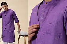 Ekansh . एकांश | Handwoven Cotton - Purple Men Kantha Work Long Kurta With Jacket (Set of Two)