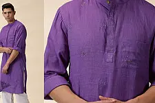 Ekansh . एकांश | Purple Men Kantha Work Long Handwoven Cotton Kurta
