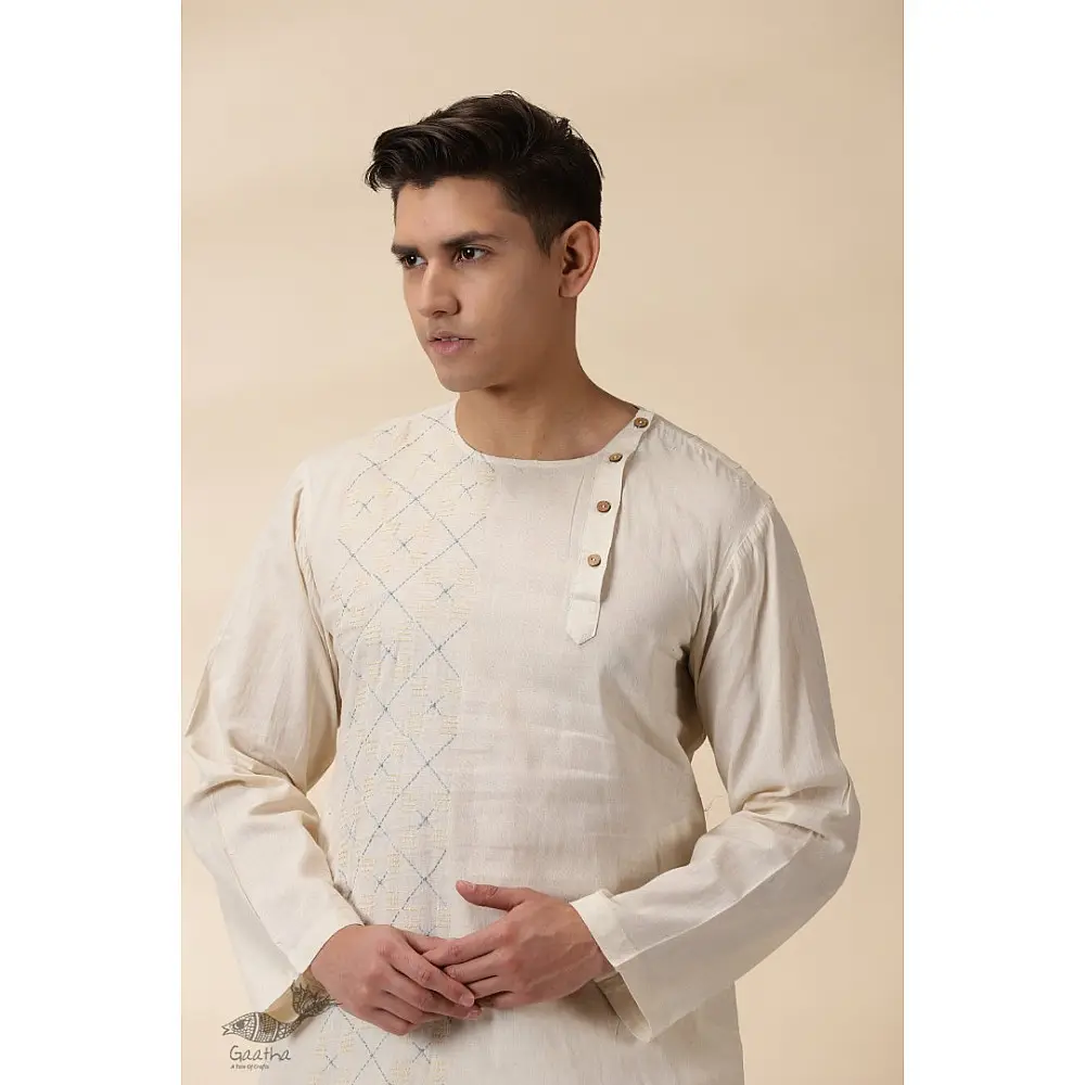 shop Handwoven Cotton - Off White Kantha Work Kurta  