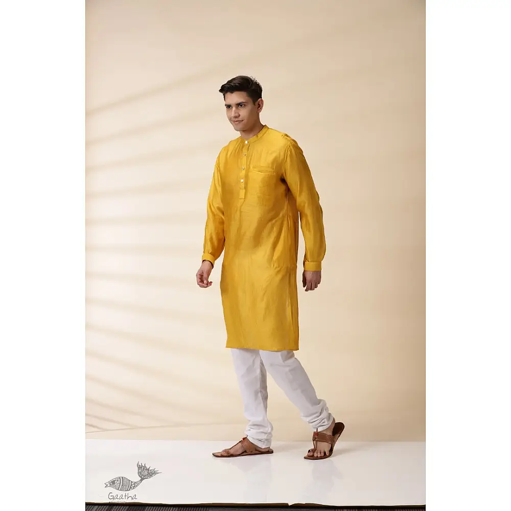 shop Handwoven - Yellow Chanderi Men Kurta 