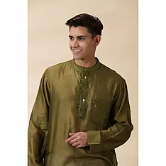 Ekansh . एकांश | Handwoven Green Man Chanderi Chikankari Kurta 