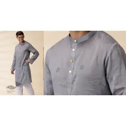 Ekansh . एकांश | Handwoven Man Chanderi Silk Chikan Kurta - Grey 