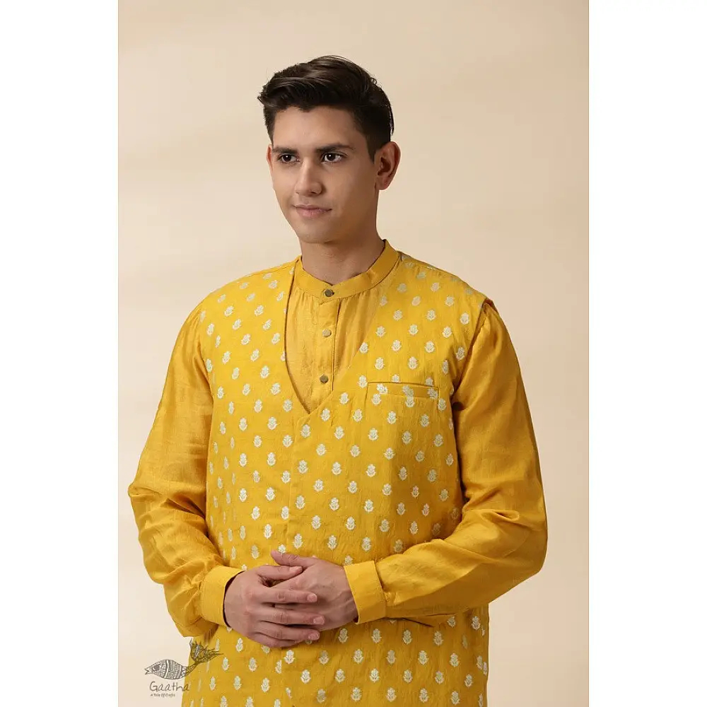 shop Yellow Chanderi Men Jacket & Kurta Set